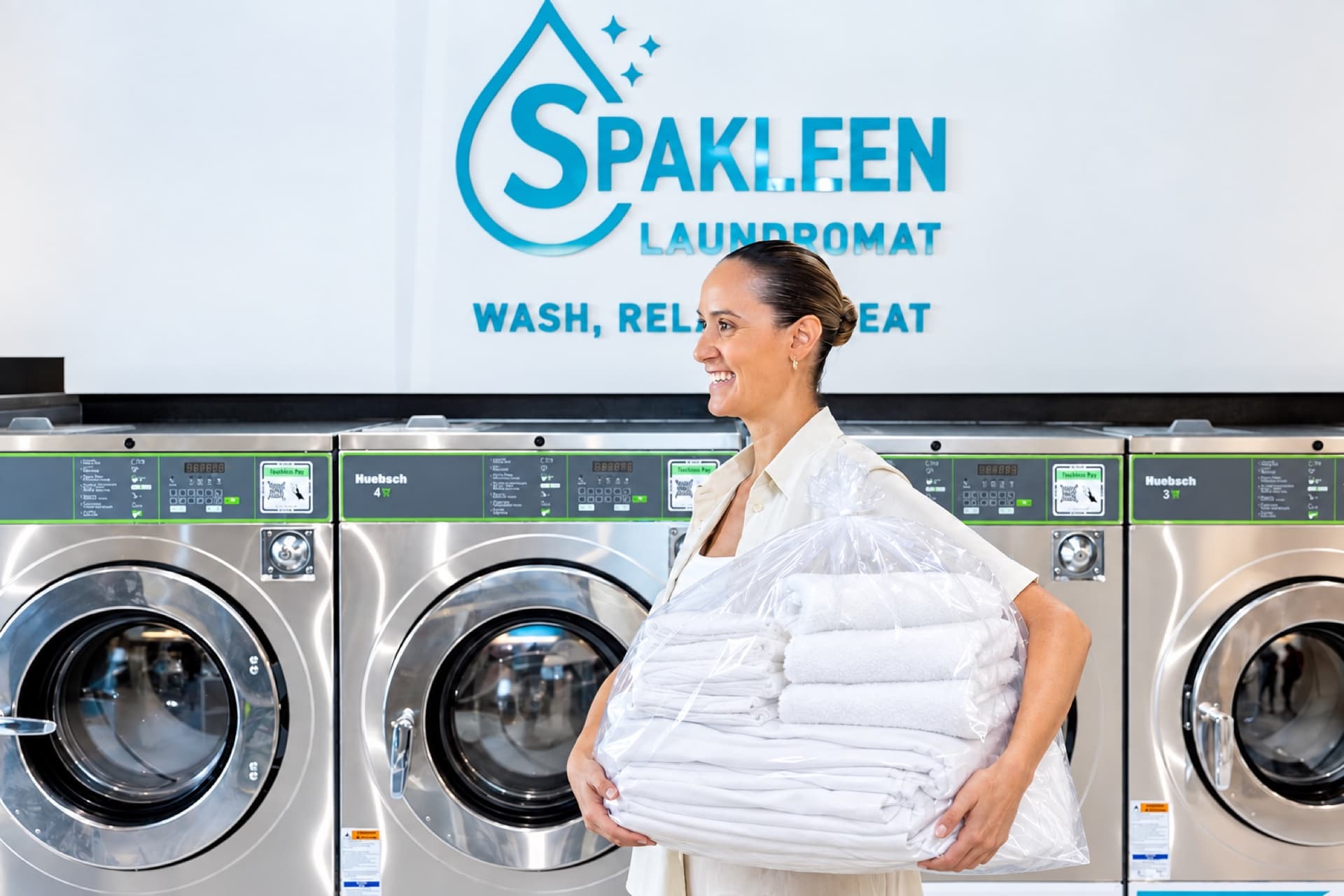 Spakleen customer carrying a neat stack of freshly laundered white linen past the washing machines, under the Spakleen Laundromat wall sign