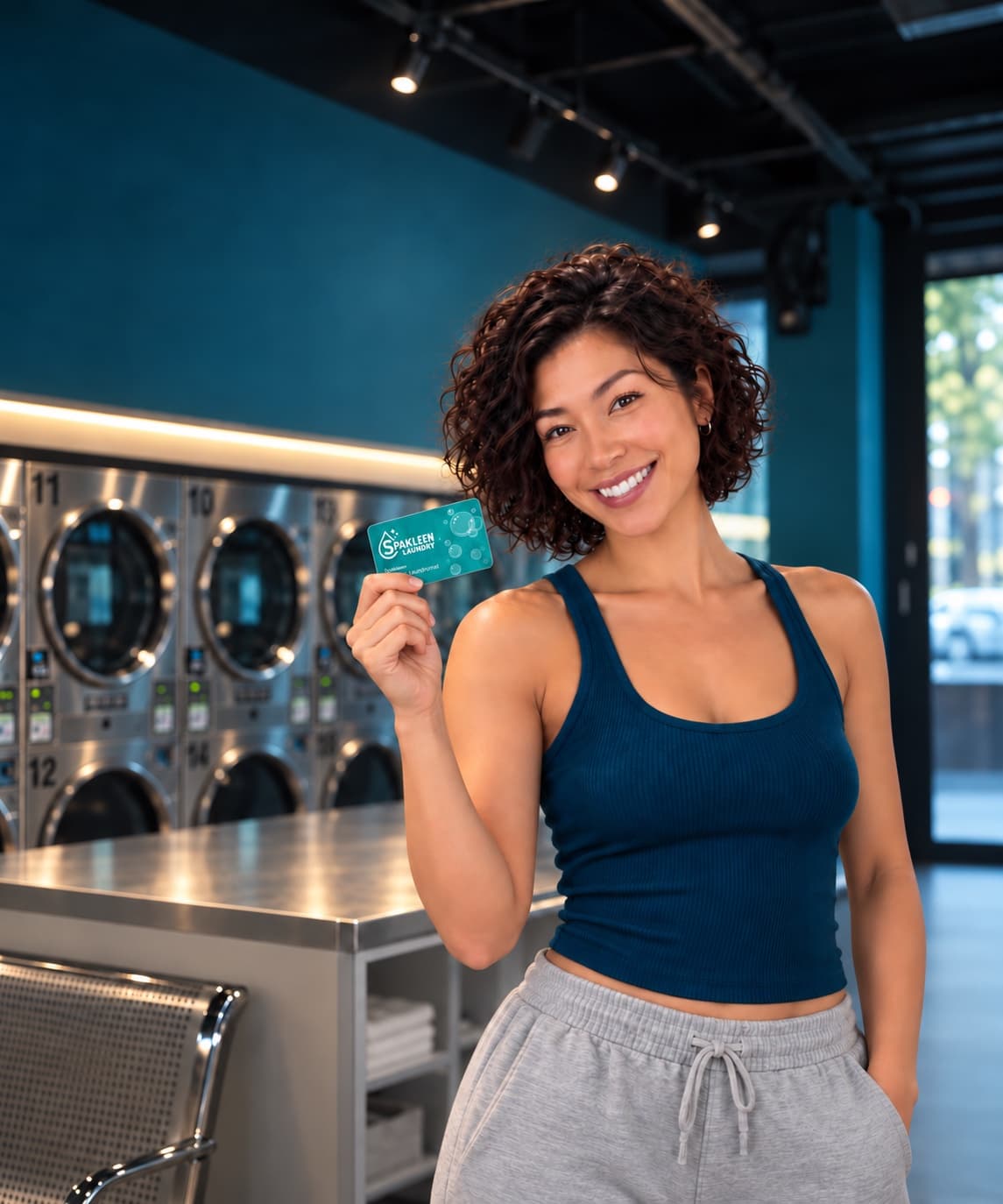 Smiling customer holding up her teal Spakleen-branded Business Card in front of a bank of stainless steel washing machines and the folding bench