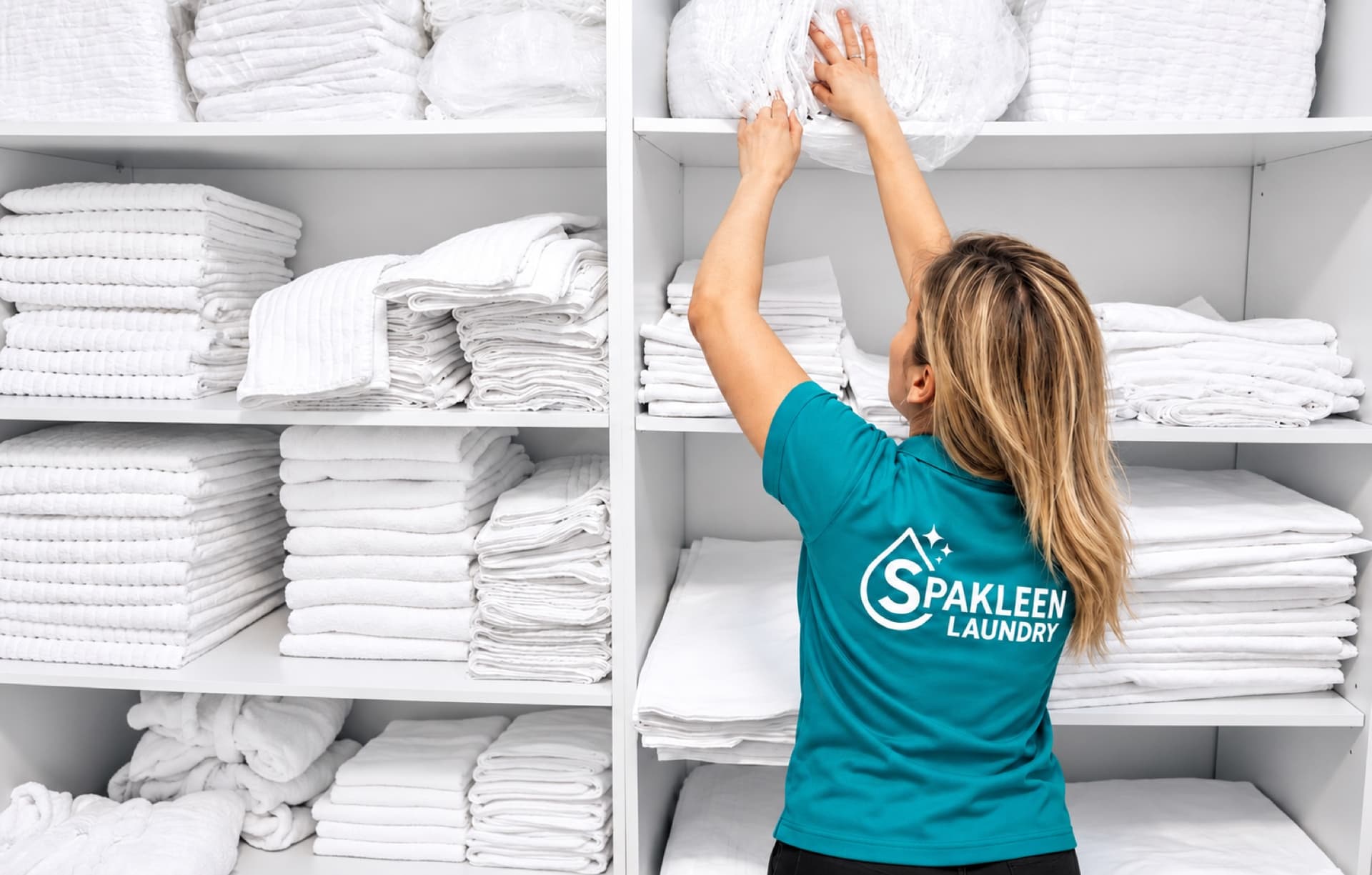 Spakleen team member in a branded polo stacking fresh white towels and sheets onto the linen shelves, with folded bulk linen filling every shelf