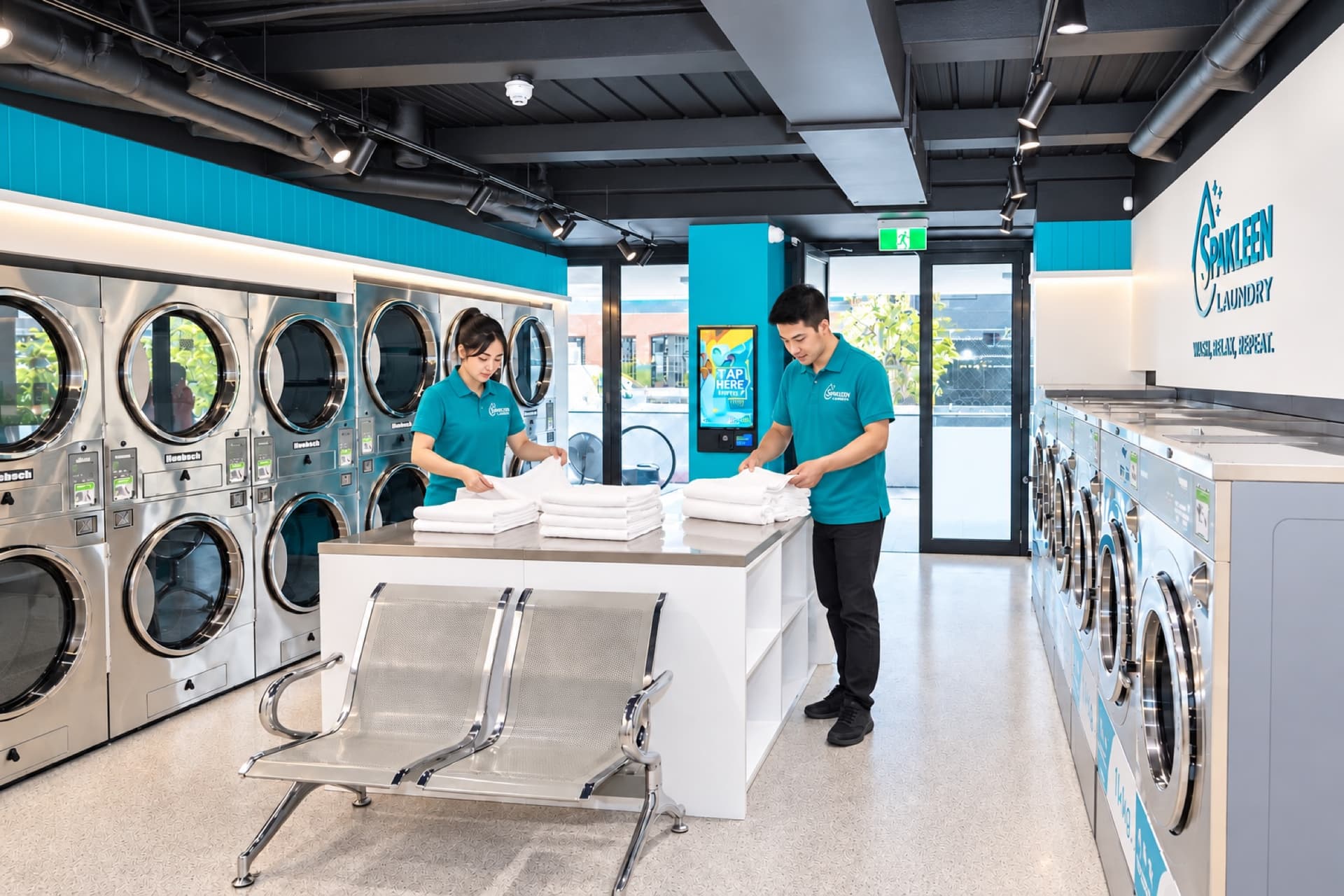 Two Spakleen team members in branded polos folding commercial laundry at the central bench, with banks of commercial washers and dryers down both walls