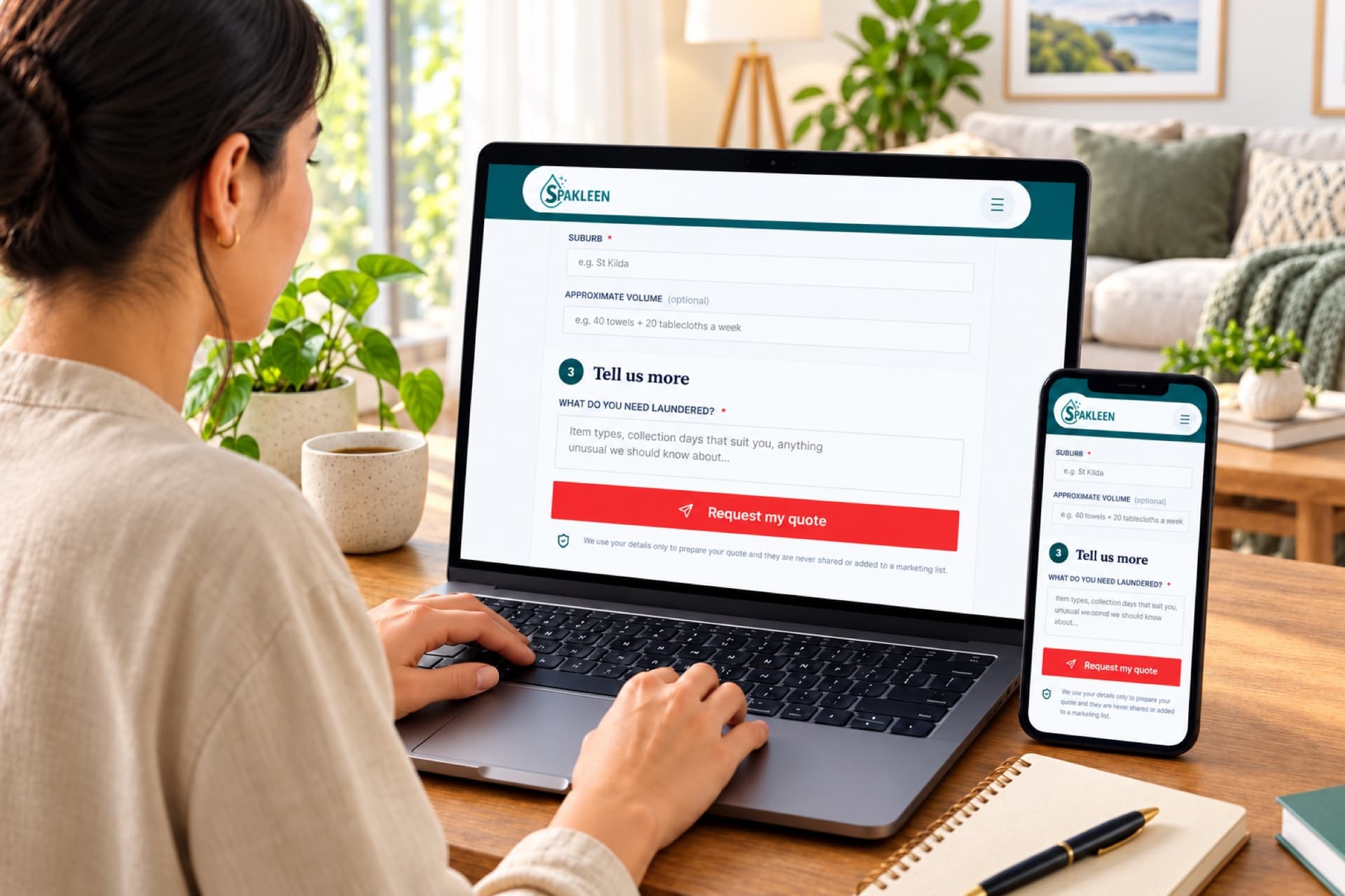 Business owner completing the Spakleen commercial laundry quote form on a laptop and phone