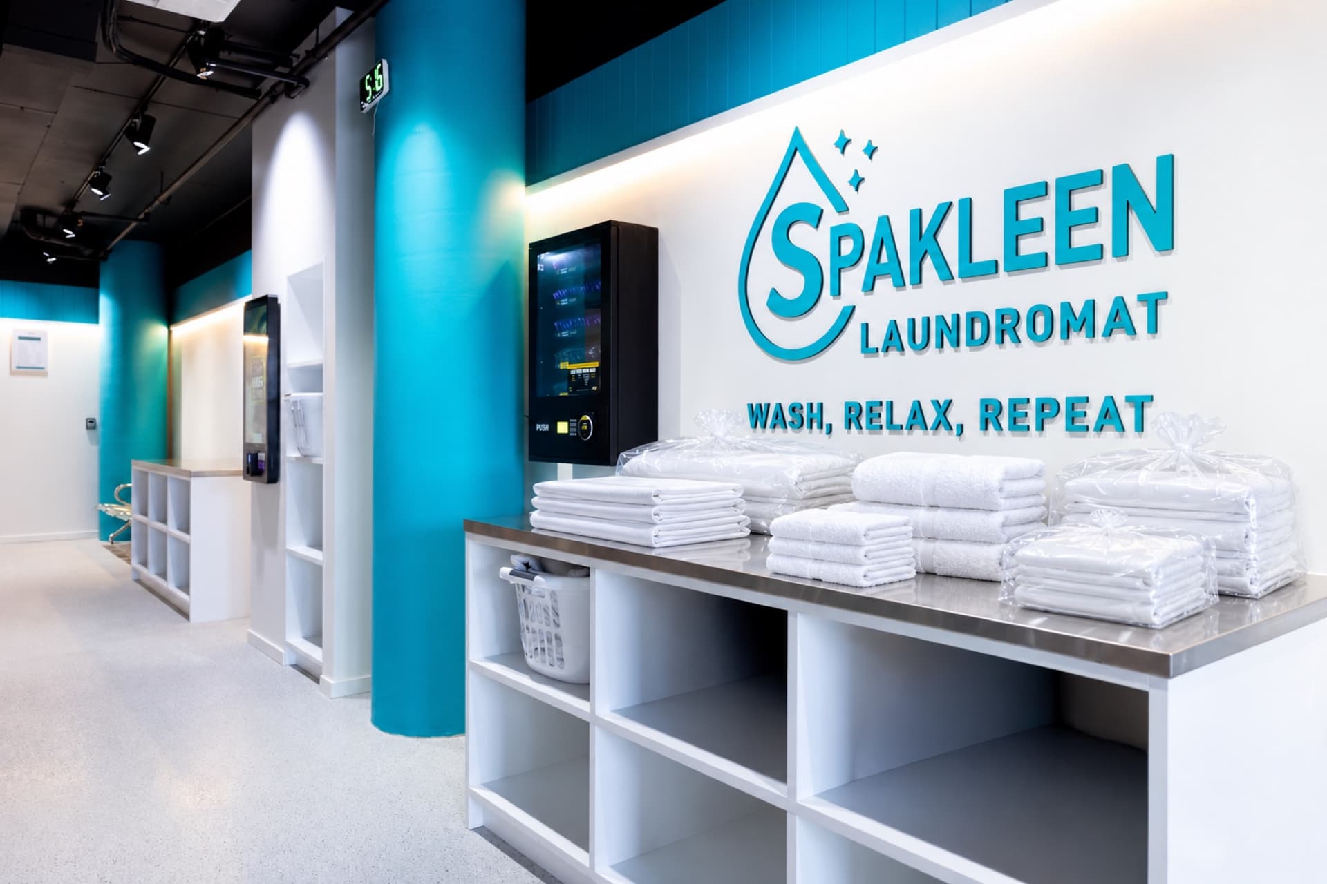 Stacks of freshly laundered white towels and linen folded on the shelving beneath the Spakleen Laundromat wall sign, ready to go back out