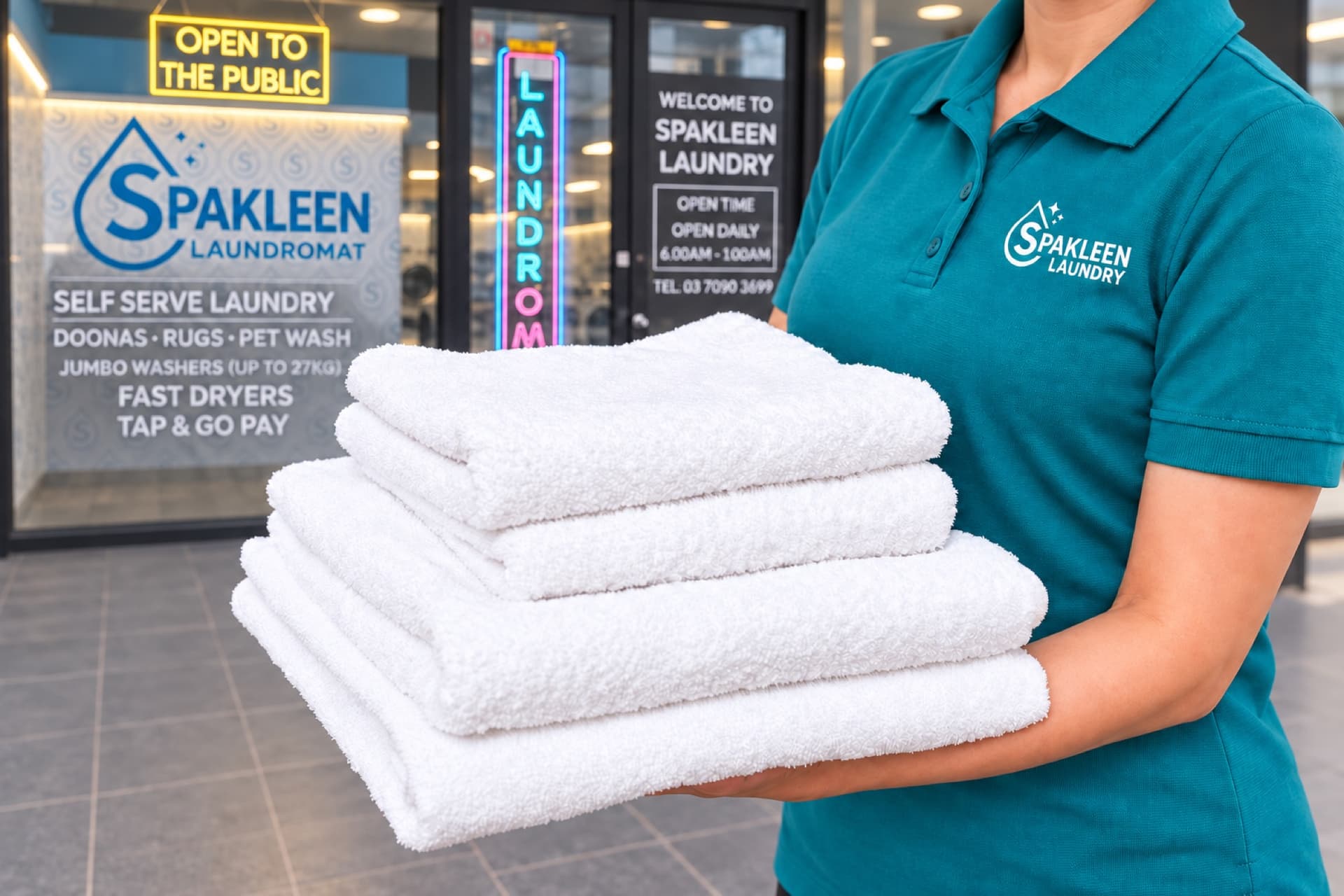 Spakleen team member holding a stack of clean folded white towels outside the shopfront, beside window signage listing self serve laundry, doonas, rugs, pet wash and jumbo washers