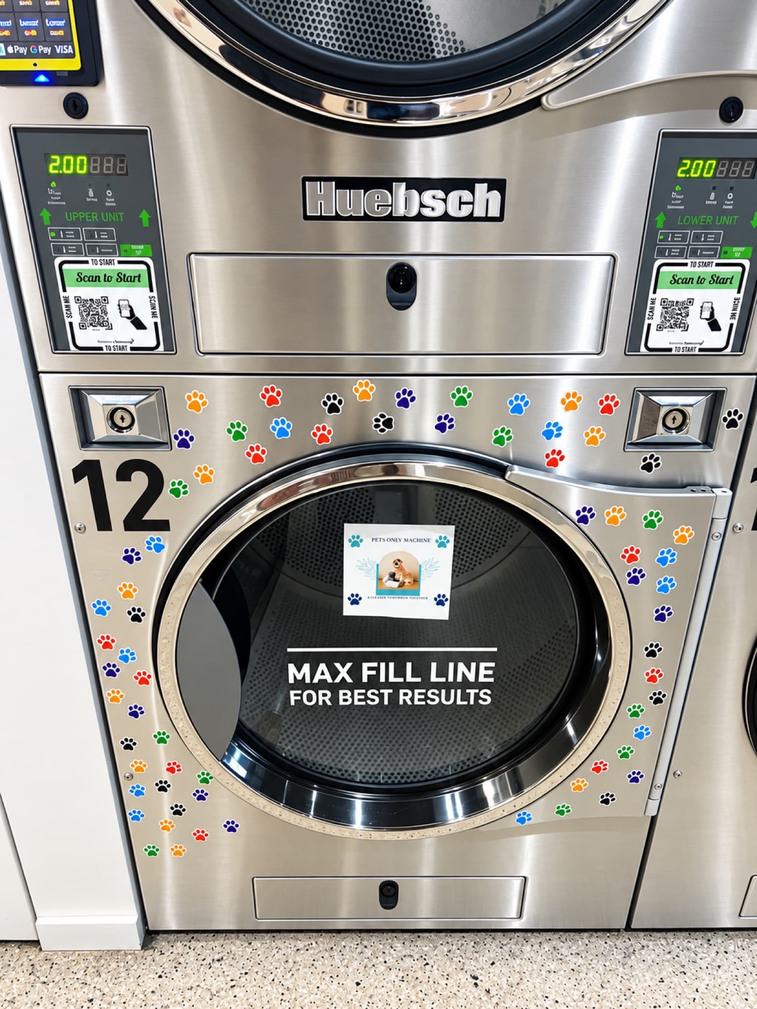 Spakleen pet dryer covered in coloured paw-print decals, showing the Scan to Start pad, digital cycle display and max fill line on the drum door
