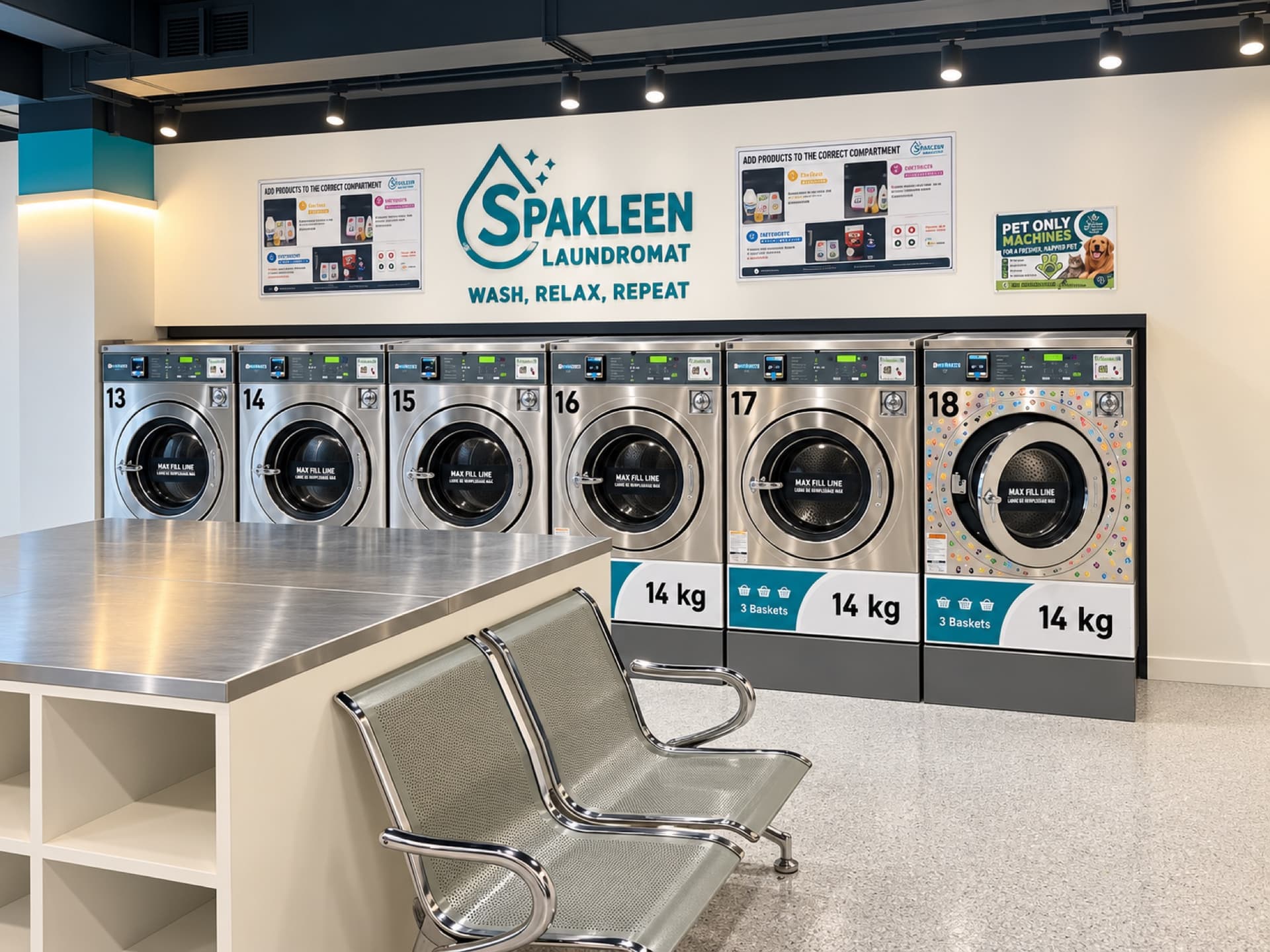 Row of dedicated 14kg pet washers and dryers at Spakleen, marked with paw-print decals under a Pet Only Machine sign and the Spakleen Laundromat wall logo