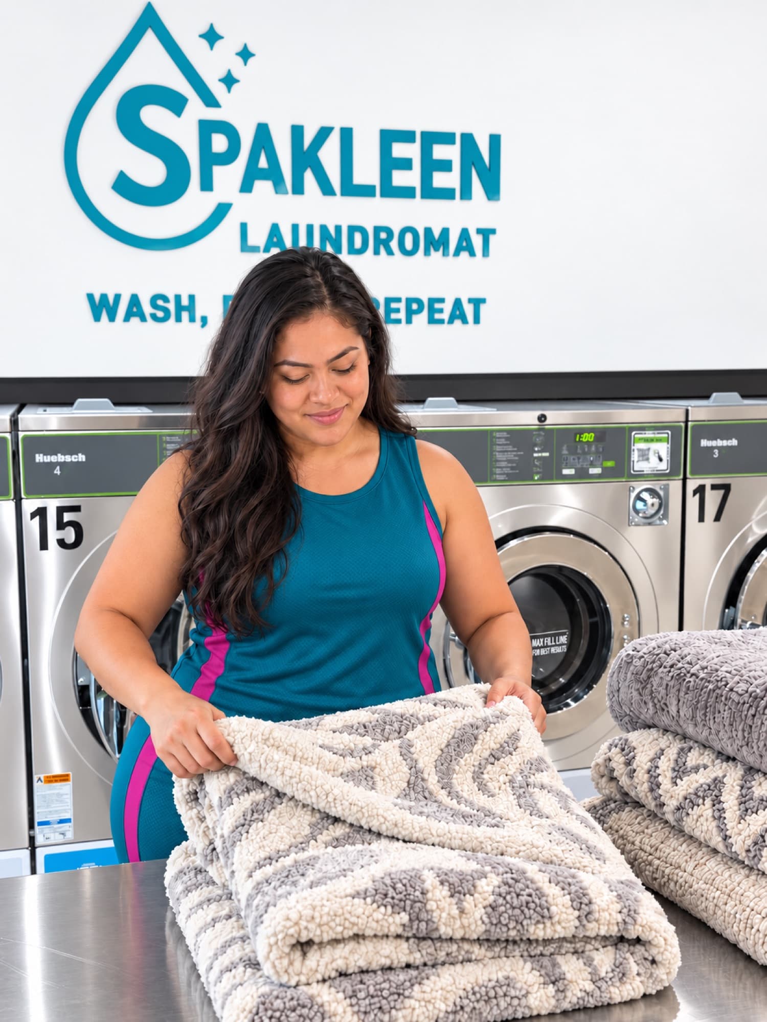 Customer folding freshly washed patterned rugs on the stainless steel bench between Spakleen washing machines, under the Spakleen Laundromat sign