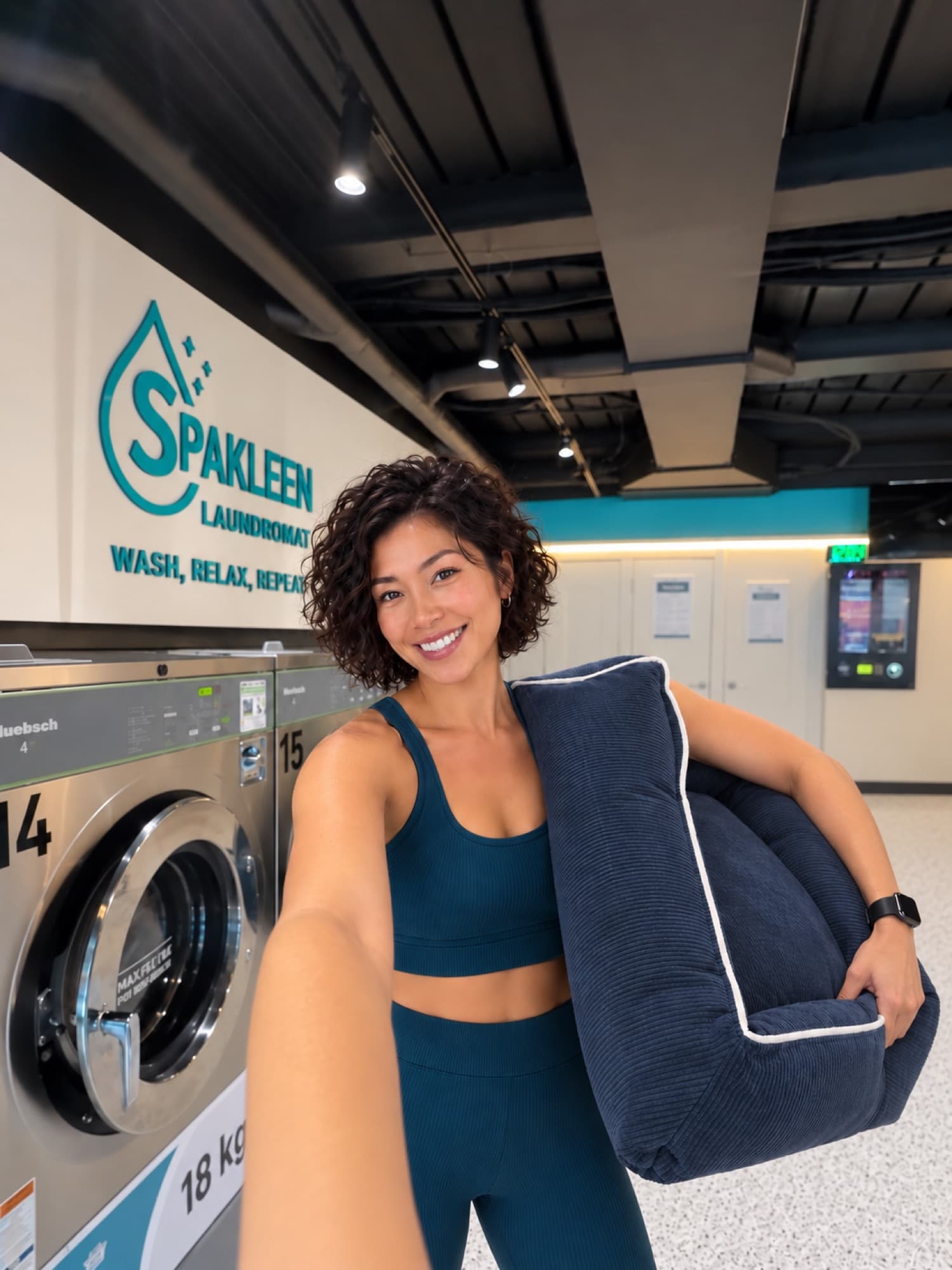 Smiling customer carrying a freshly washed pet bed past the washing machines at Spakleen